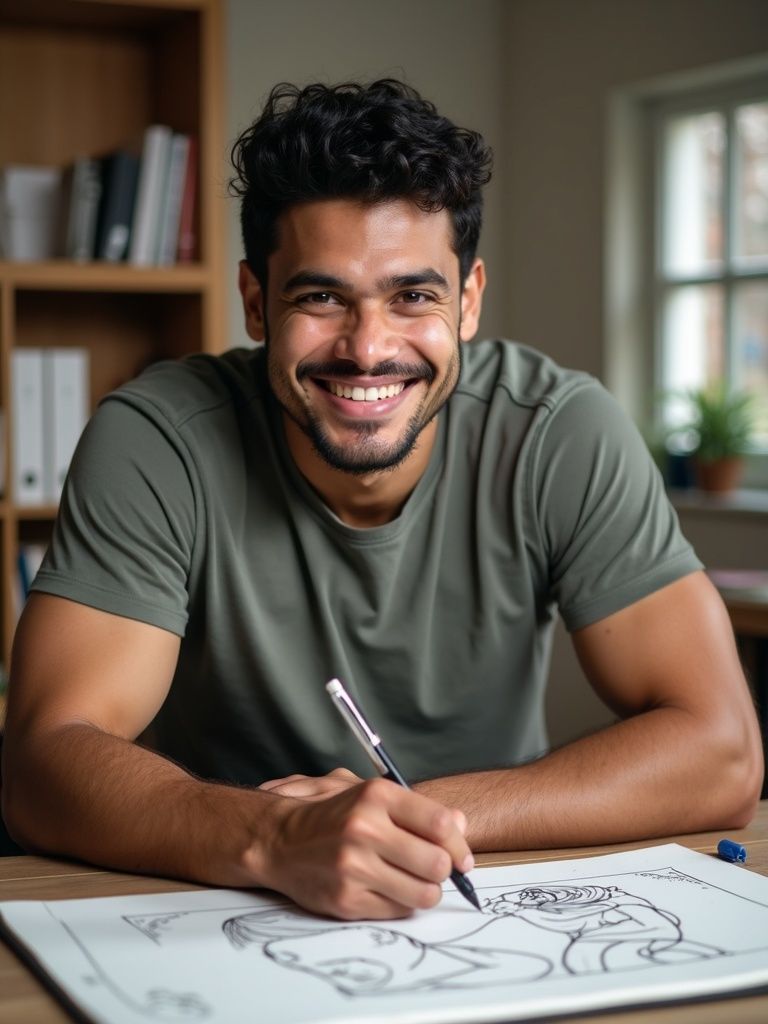Man writing in a notebook at a desk, surrounded by bookshelves. He is wearing a blue shirt.