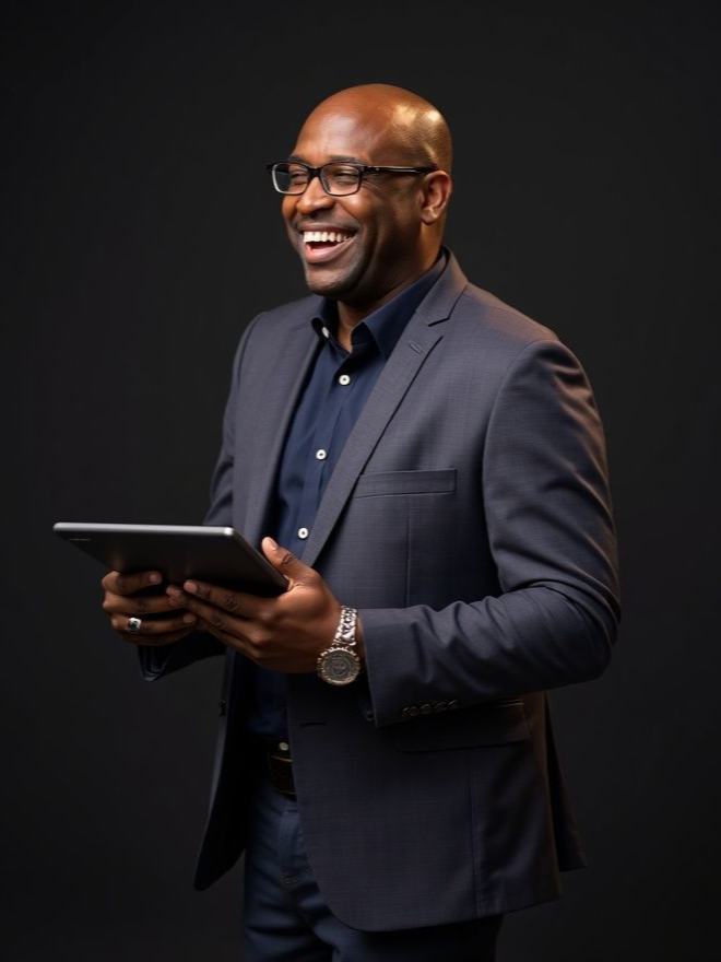 Man in blazer smiles, holding a tablet, against a black background.