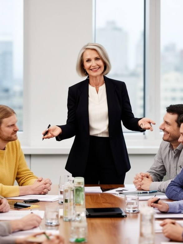 Woman wearing headset, smiling. Tan shirt, black backpack strap. Window in background.