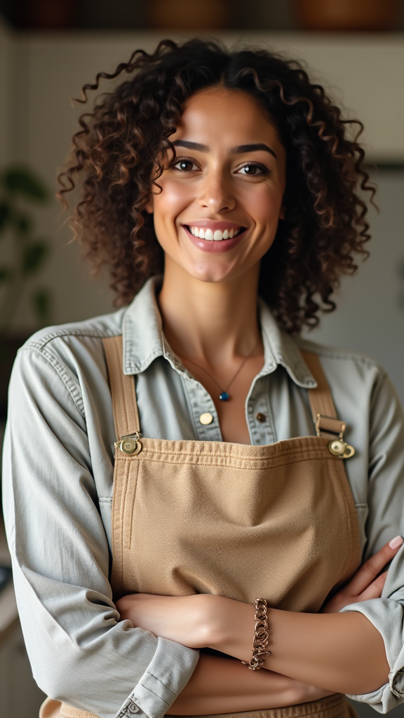A woman with curly hair is wearing an apron and smiling with her arms crossed.