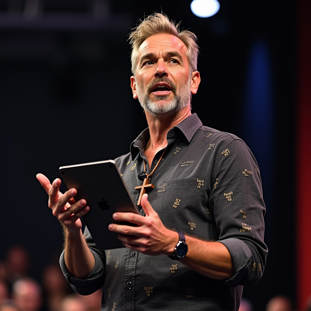 A man with a beard is holding a tablet and giving a speech.