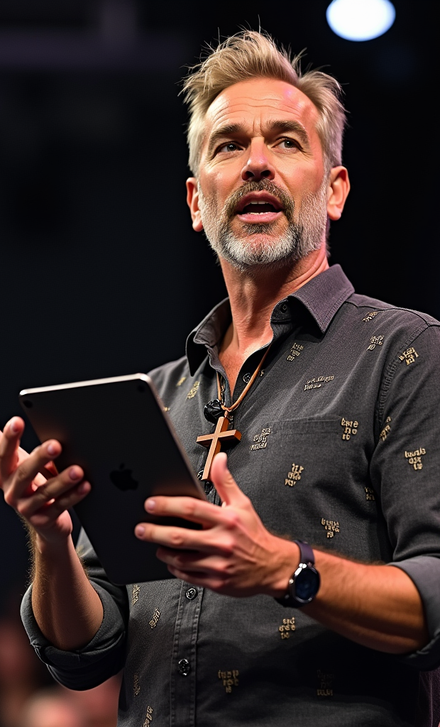 A man with a beard is holding a tablet and giving a speech.