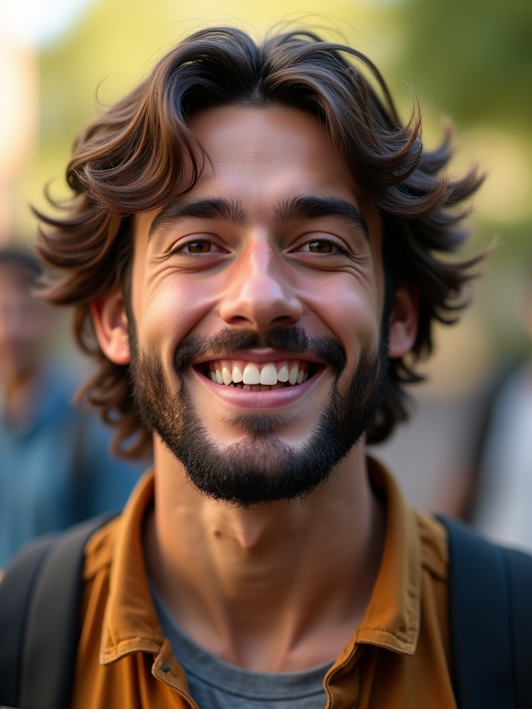 Man smiling, using laptop at a table near a window. Cup and phone visible. Background has shelves and soft lighting.