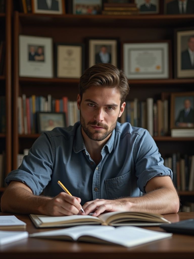 Man writing in a notebook at a desk, surrounded by bookshelves. He is wearing a blue shirt.