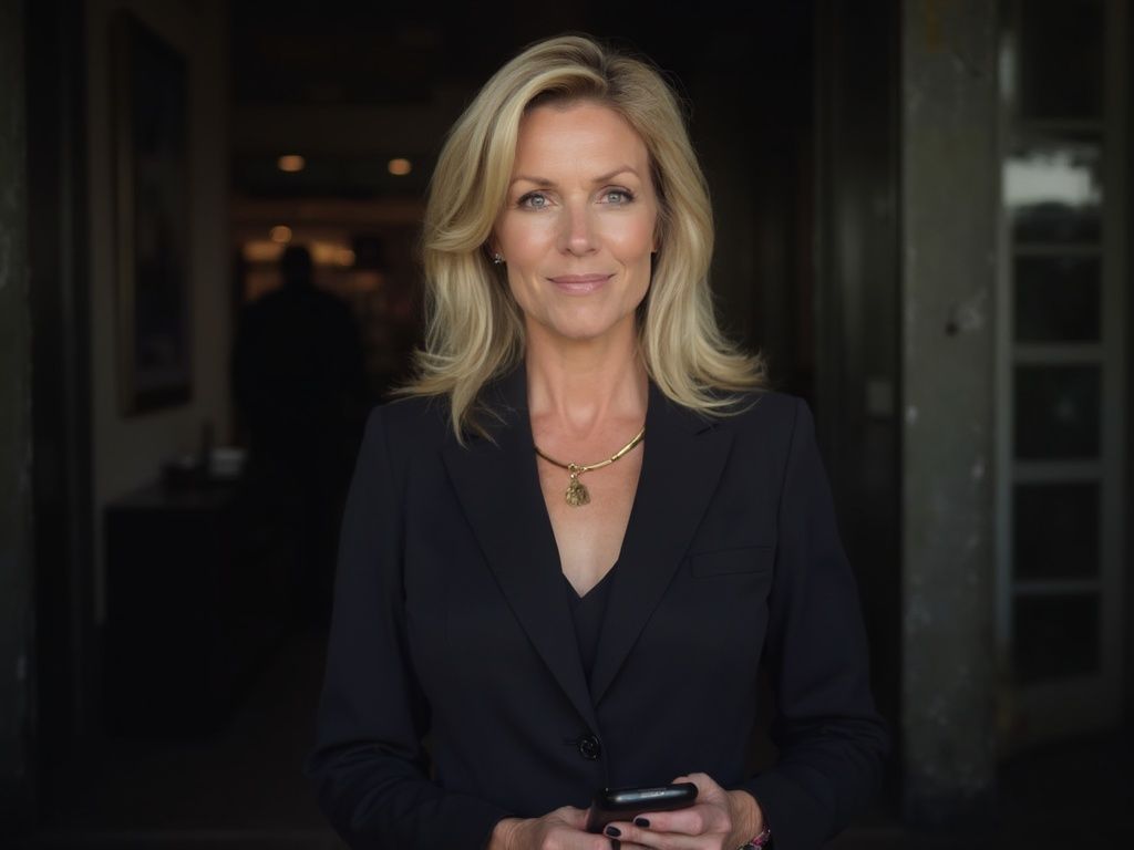 A woman in a black suit is holding a cell phone in her hands.