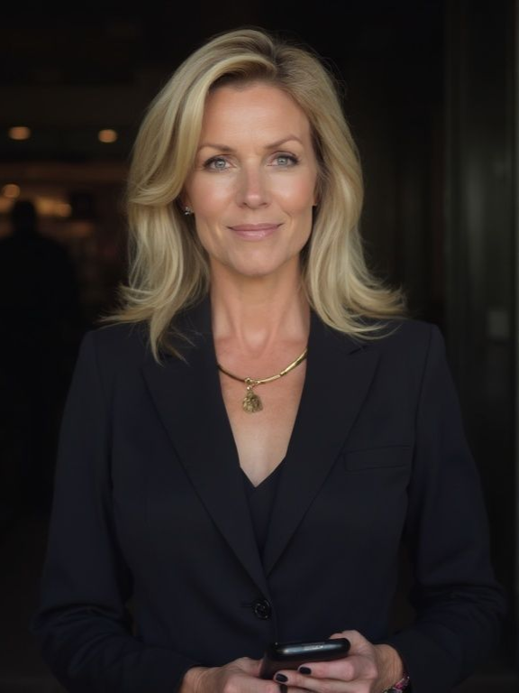 Woman in black blazer smiles, holding a phone. Gold necklace, blonde hair, indoors.