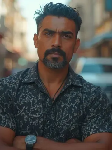 Man in blazer smiles, holding a tablet, against a black background.
