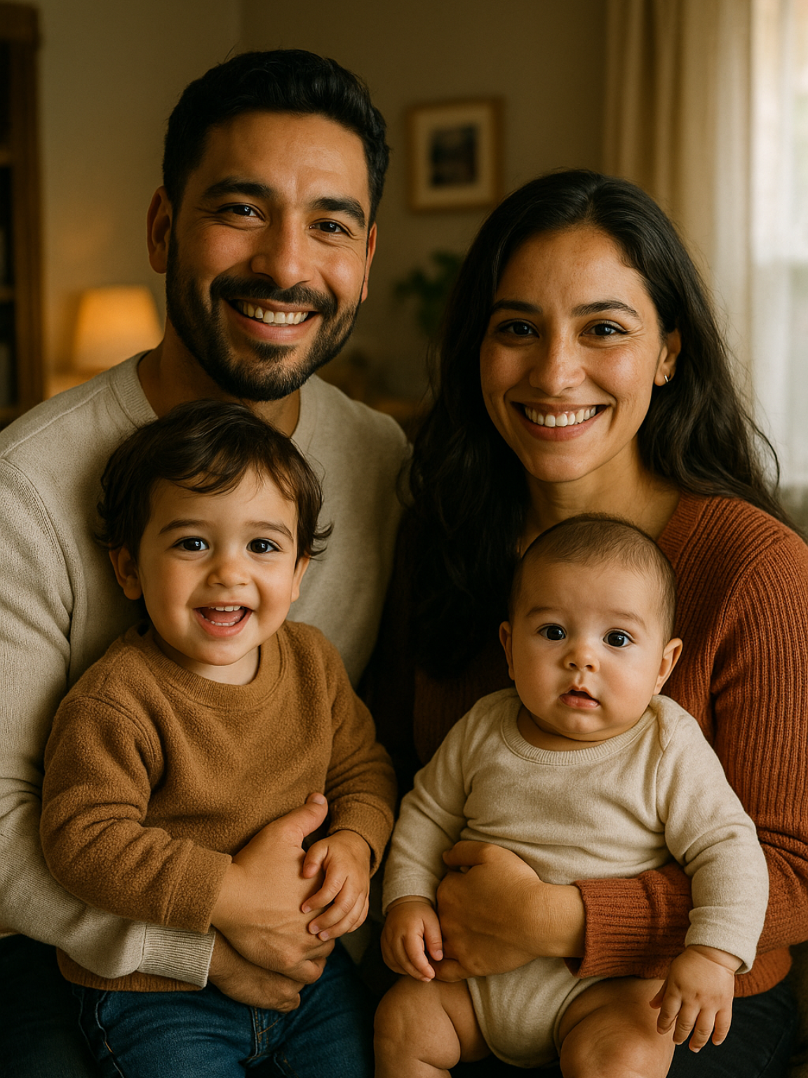 Man smiling, using laptop at a table near a window. Cup and phone visible. Background has shelves and soft lighting.