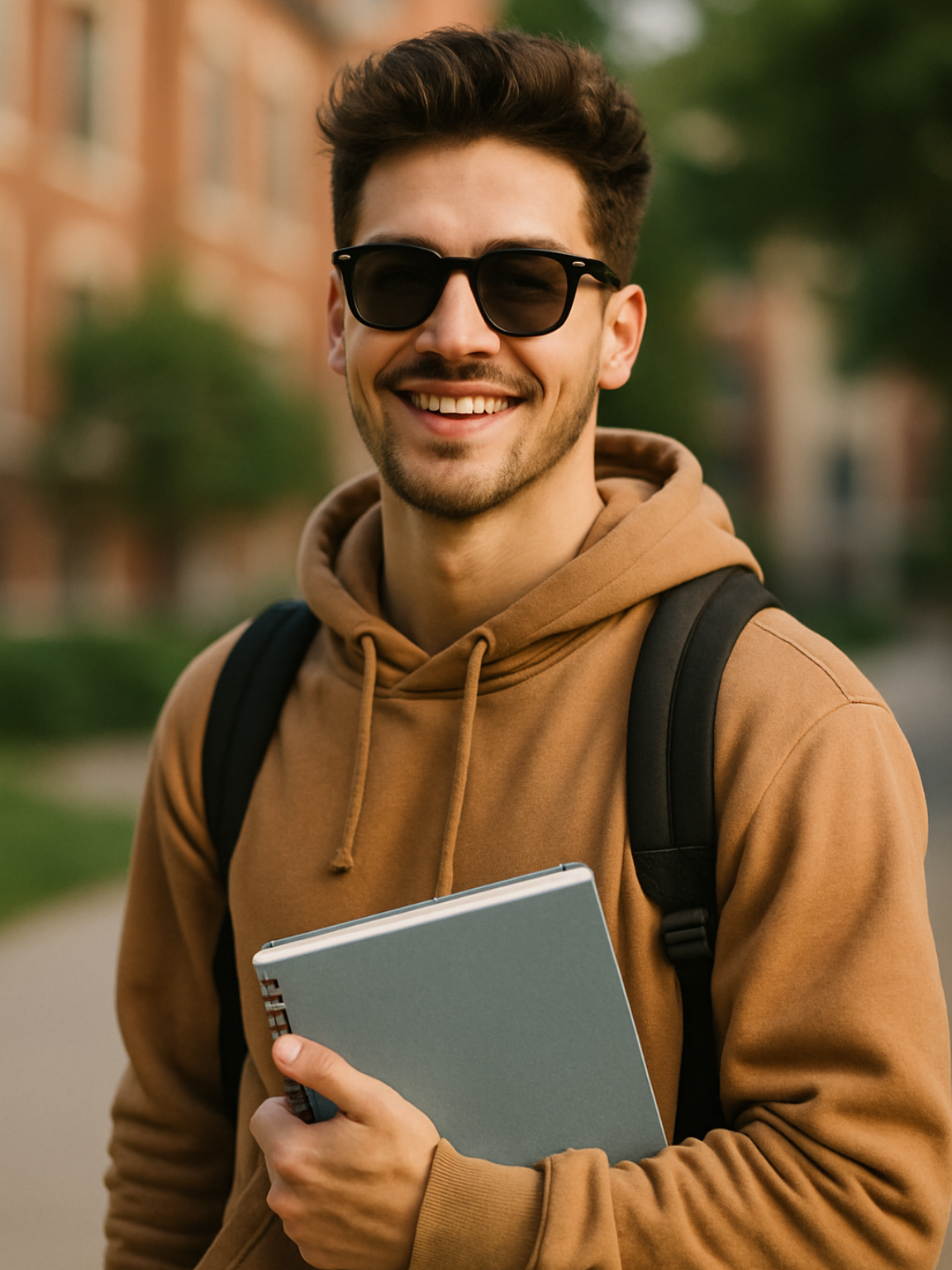 Smiling person wearing sunglasses and a hoodie, holding a notebook, with a backpack. Outdoors, near a building.