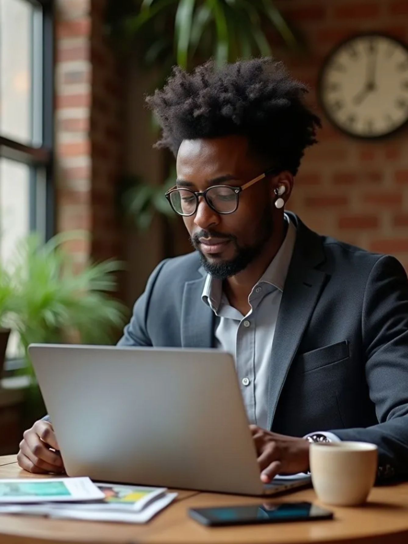Man smiling, using laptop at a table near a window. Cup and phone visible. Background has shelves and soft lighting.