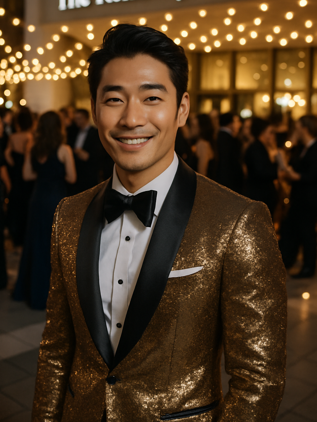 Man in gold sequined suit smiles in front of The Kennedy Center, surrounded by people.