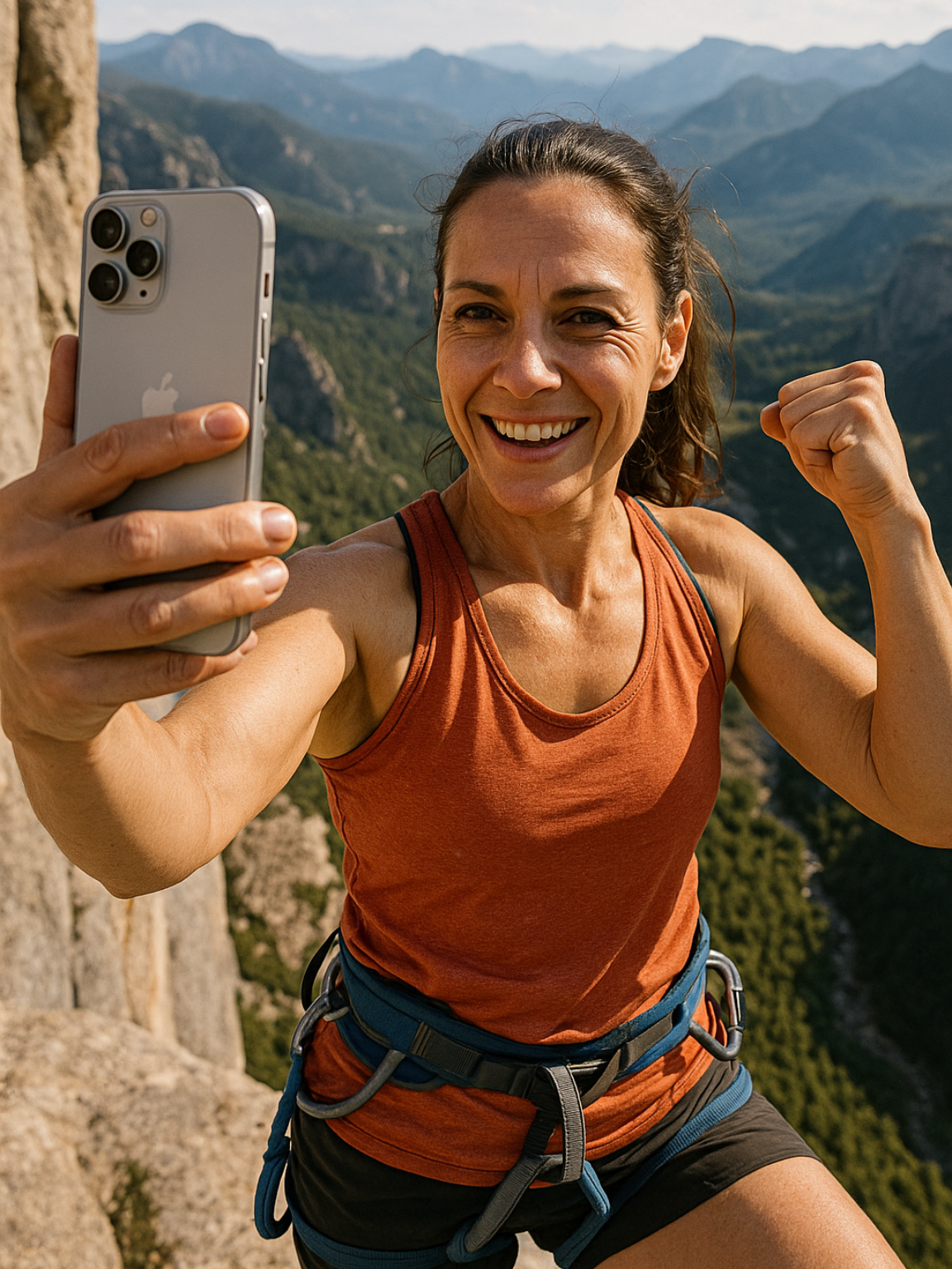 Woman on a cliff takes a selfie with a phone, celebrating against a mountain backdrop.