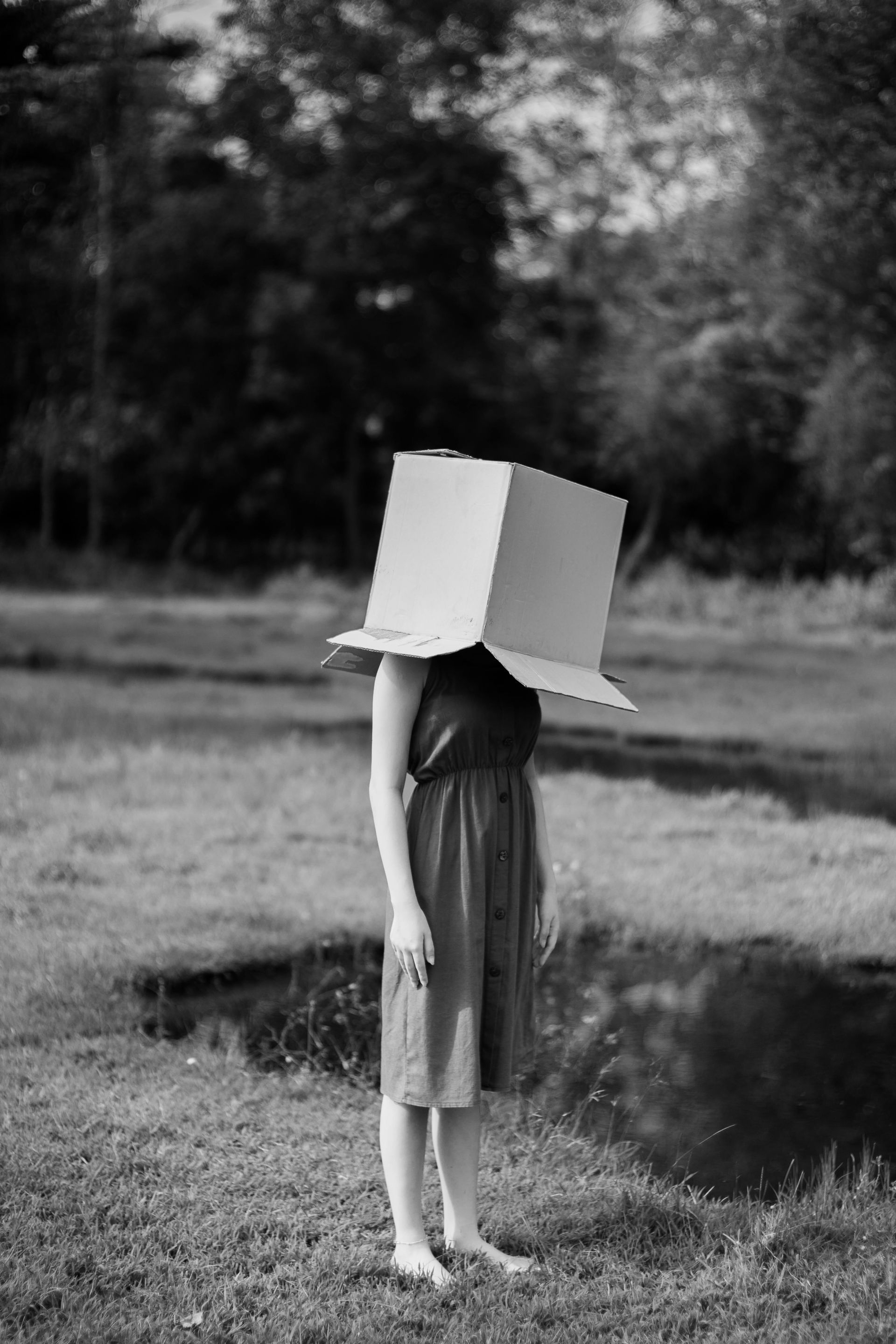 A woman is standing in a field with a cardboard box on her head.