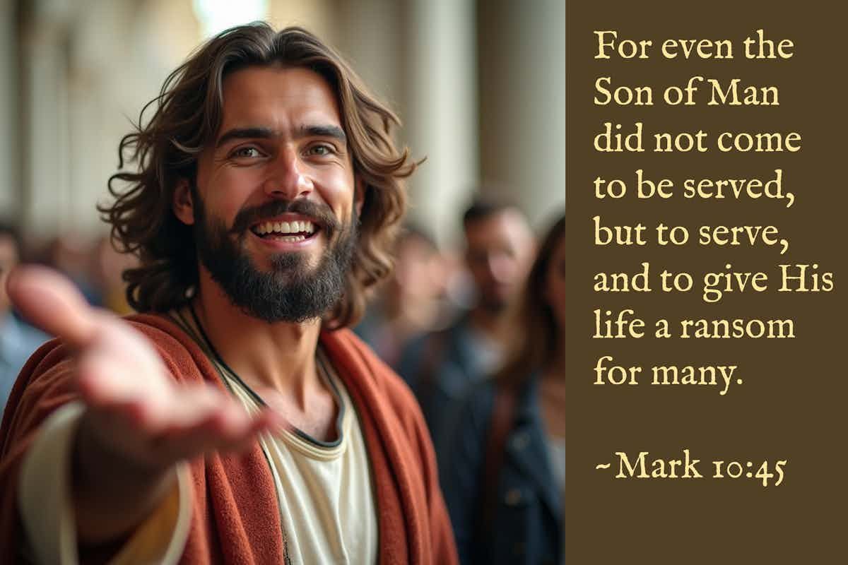 An image of Jesus smiling and reaching out his hand with a Bible verse saying: For even the Son of Man did not come to be served, but to serve, and to give His life a ransom for many. Mark 10:45