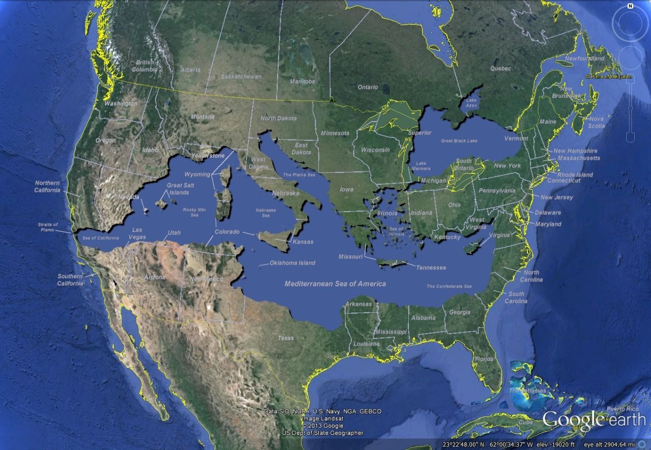 A map of the USA with the Mediterranean Sea superimposed over it.
