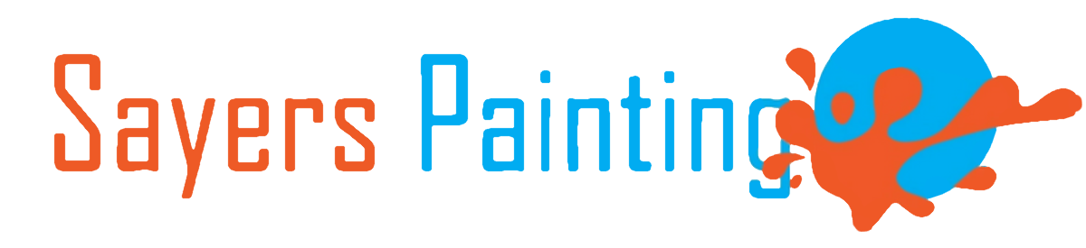 Sayers Painting logo, orange and blue text and paint splash graphic.