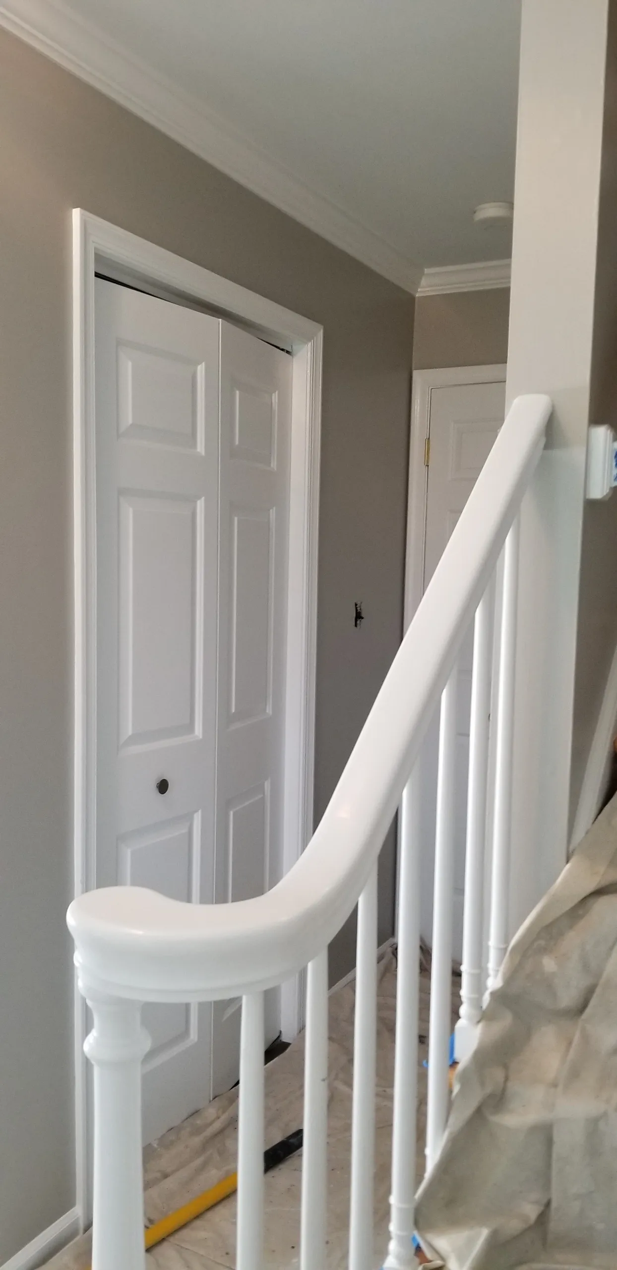 White staircase railing next to a gray wall and closet door.