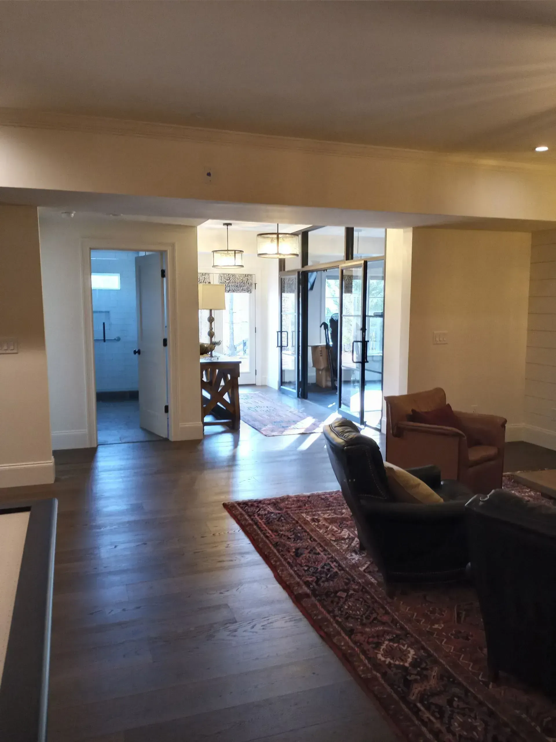 Living room with dark wood floors, patterned rug, sofa, and bright glass doors leading to a hallway