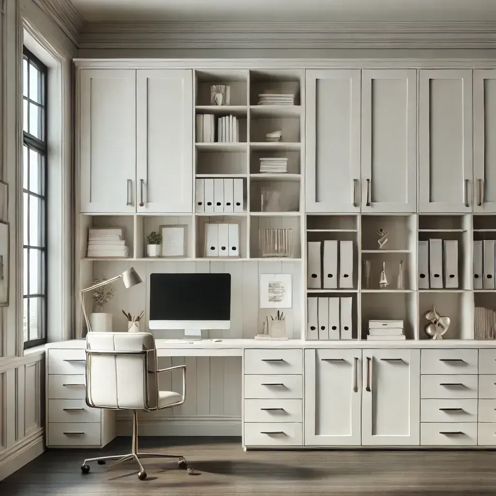 A home office with white cabinets and a desk with a computer on it