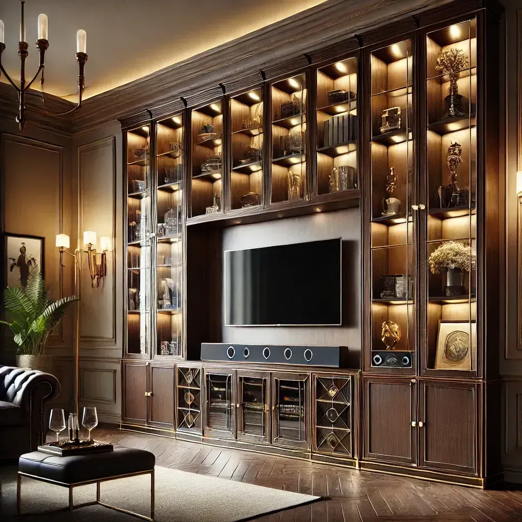 A living room with lots of cabinets and a flat screen tv