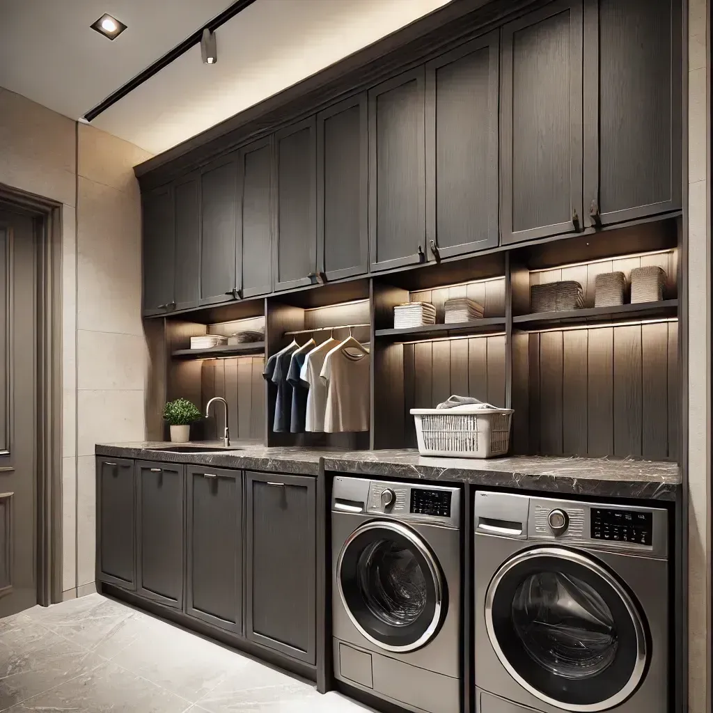 A laundry room with a washer and dryer and a basket on the counter.