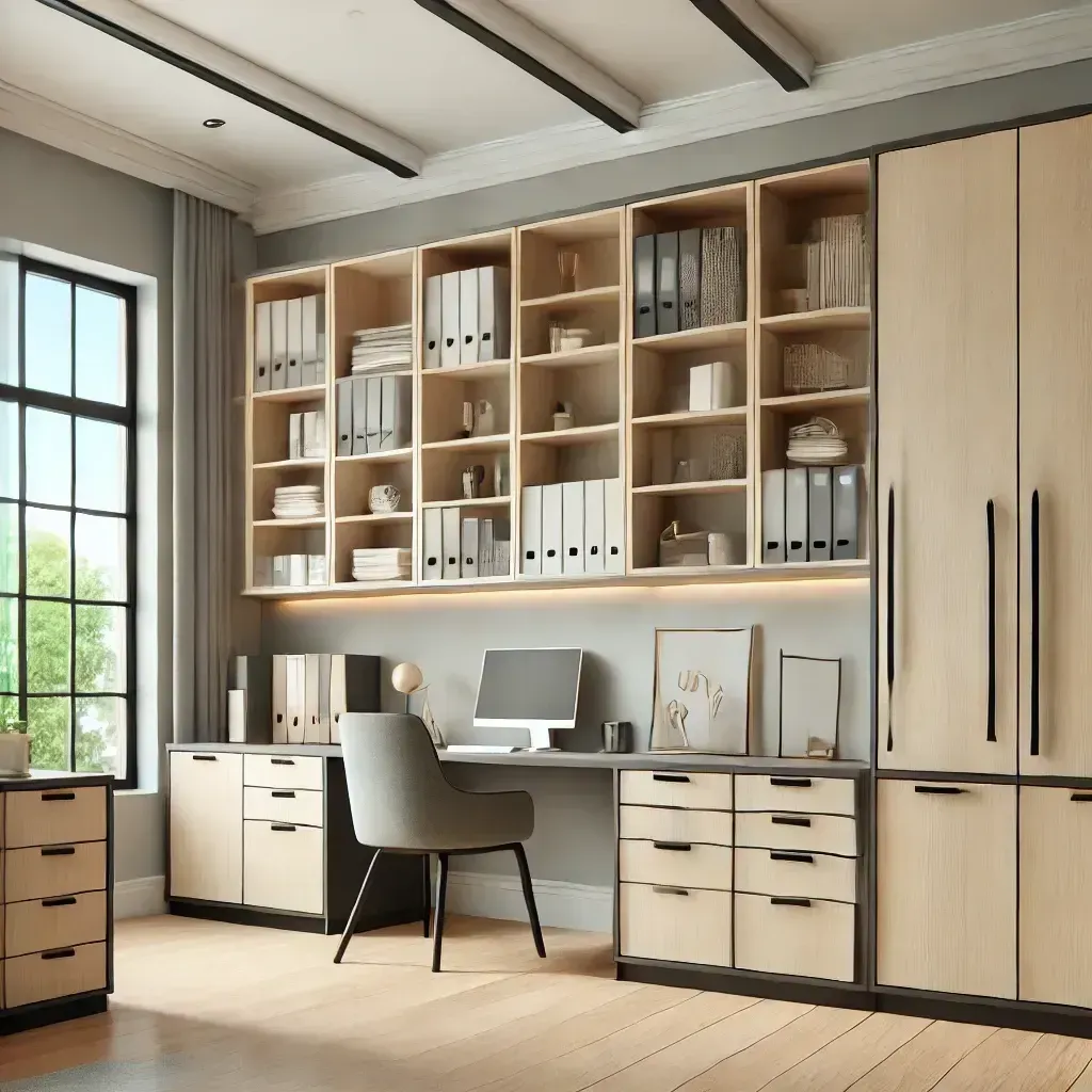 A room with lots of cabinets and shelves and a desk with a computer on it