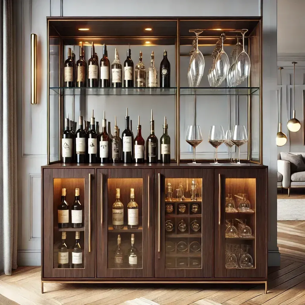 A wine cabinet filled with wine bottles and glasses