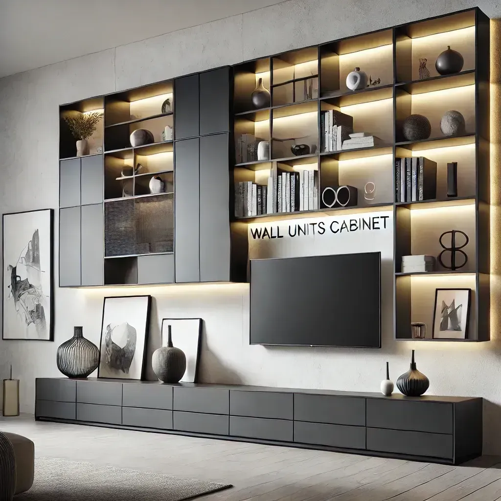 A living room with a wall unit cabinet and a flat screen tv