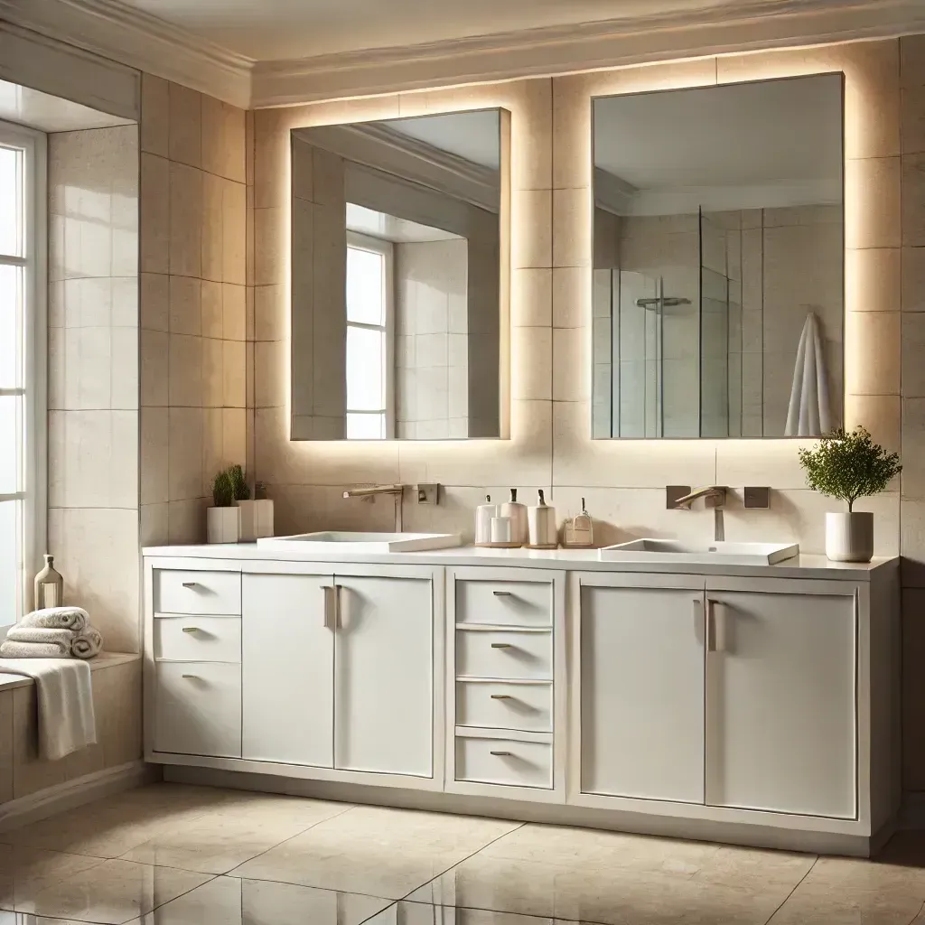 A bathroom with two sinks and two mirrors