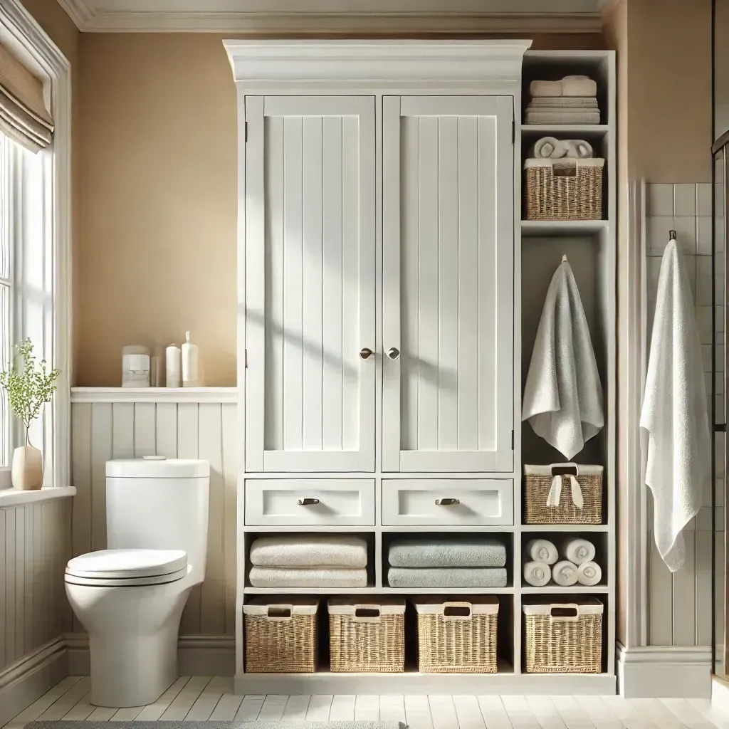 A bathroom with a toilet and wicker baskets