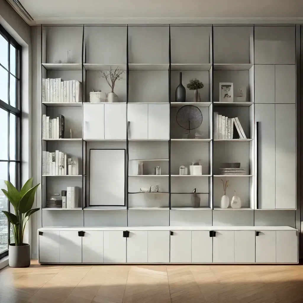 A living room with lots of shelves and cabinets