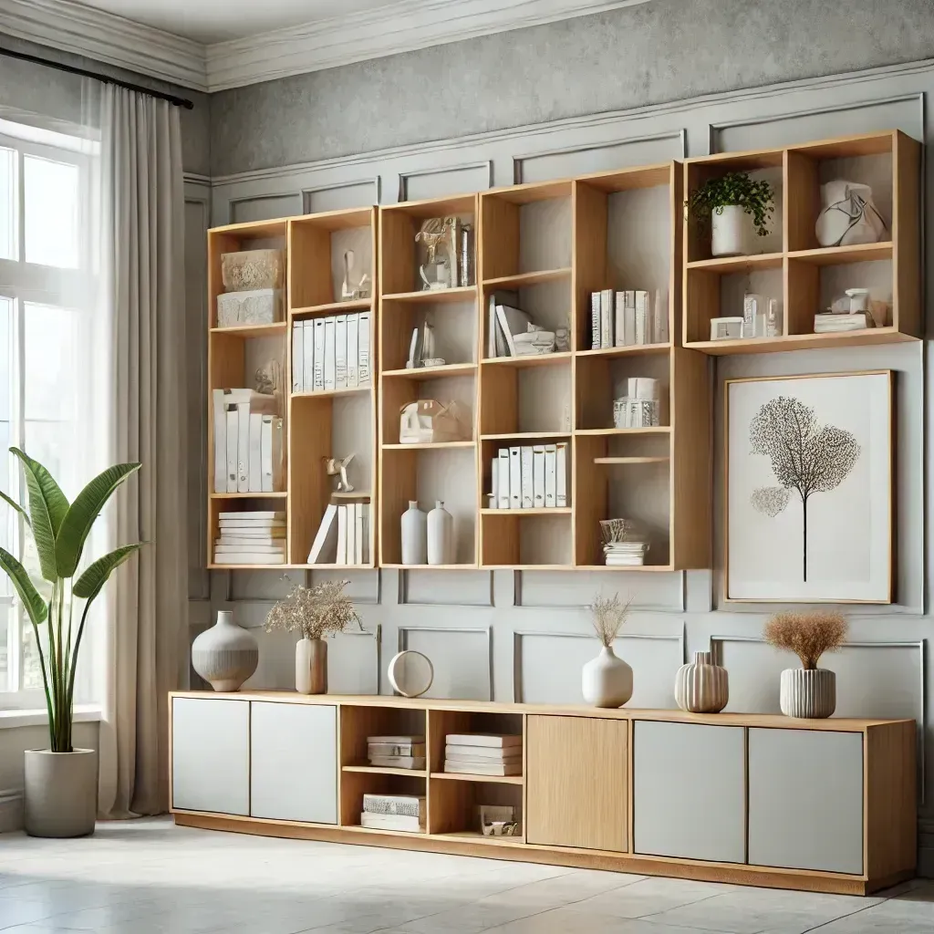 A living room with a lot of shelves and cabinets