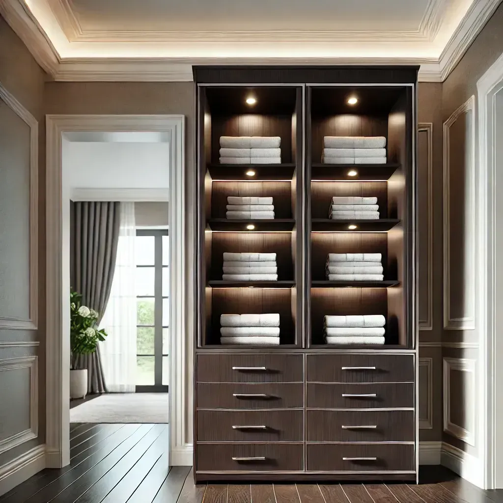 A walk in closet with lots of drawers and shelves filled with towels