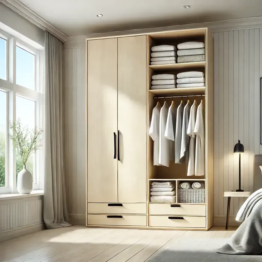 A bedroom with a large wardrobe filled with clothes and towels
