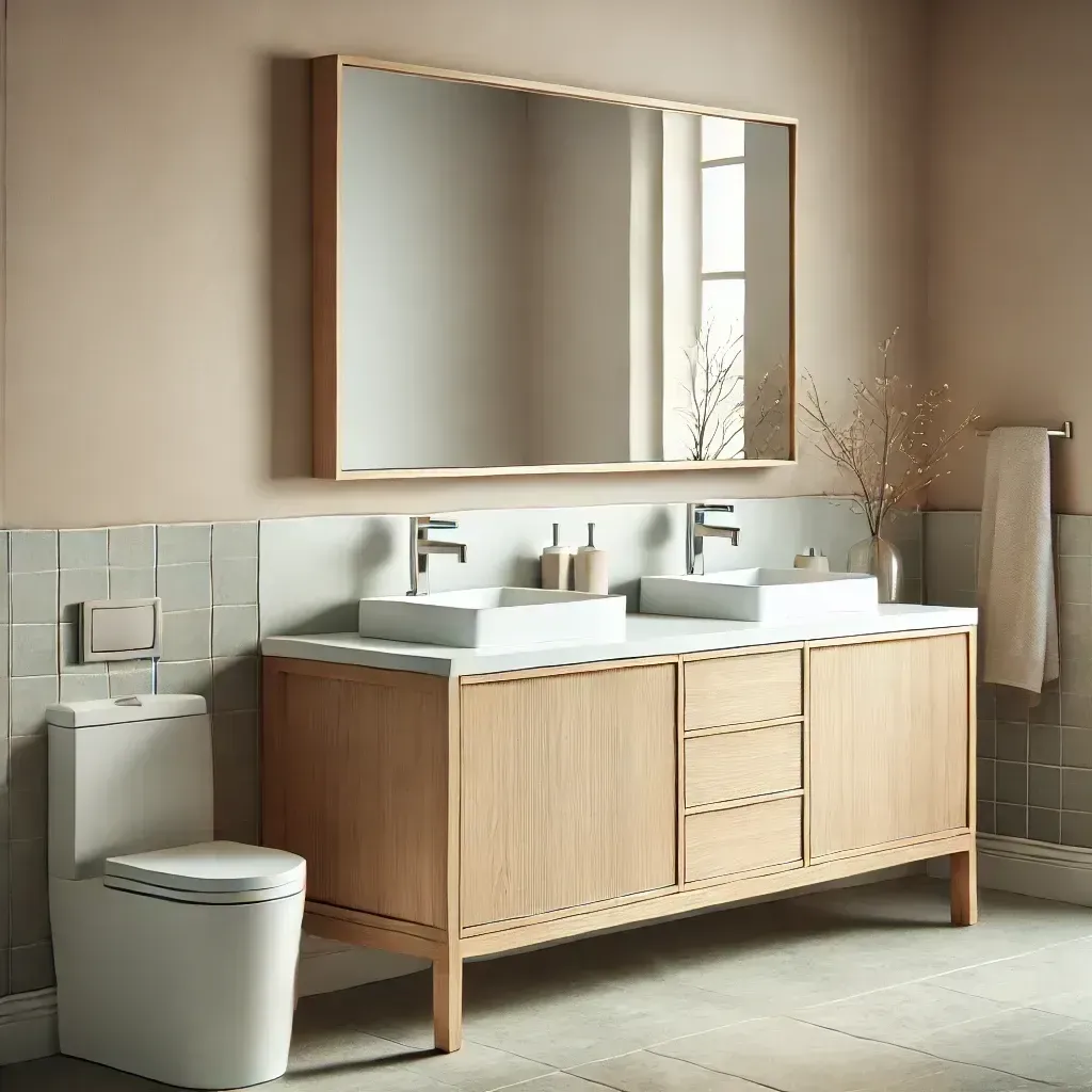 A bathroom with two sinks a toilet and a mirror