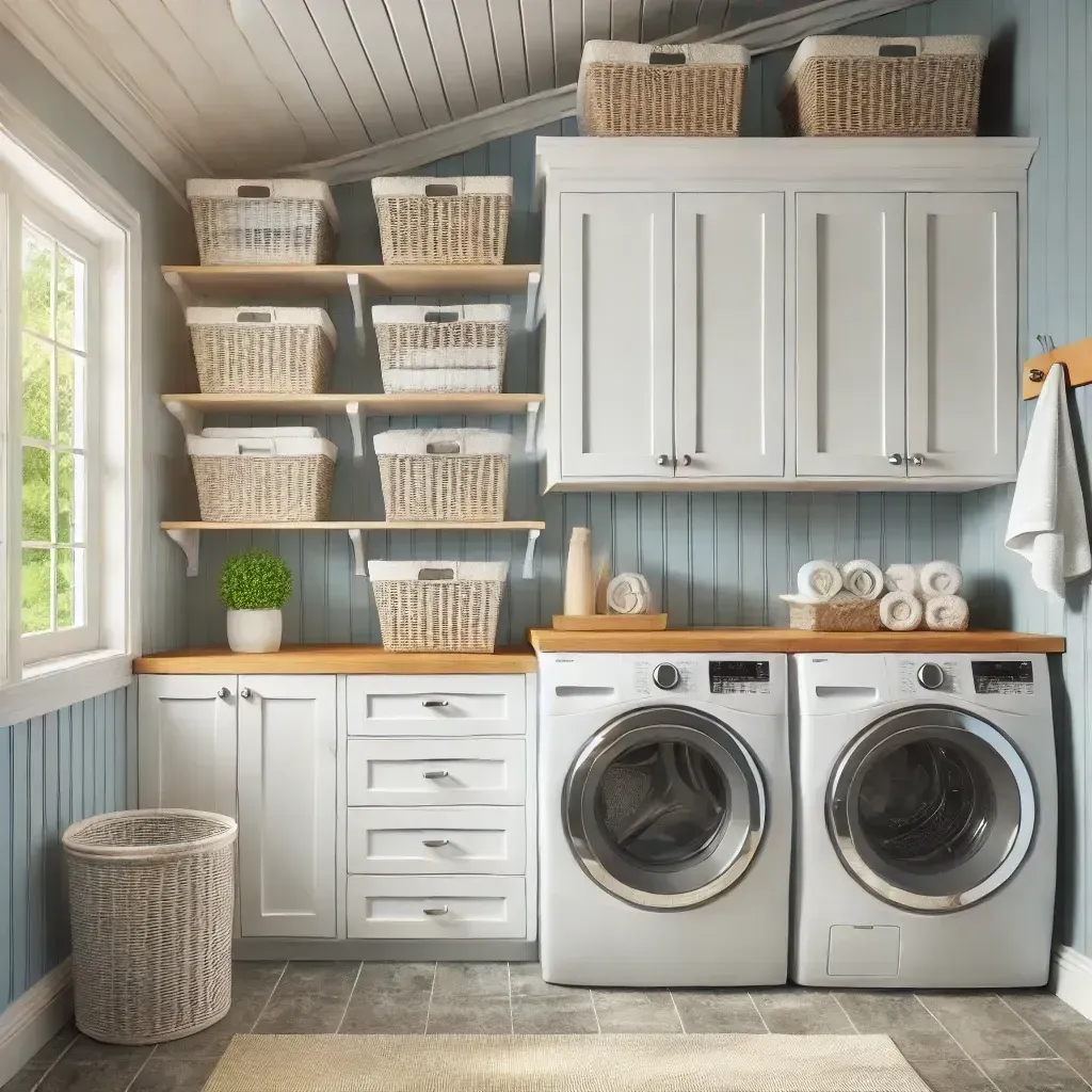 A laundry room with a washer and dryer and baskets on the shelves.