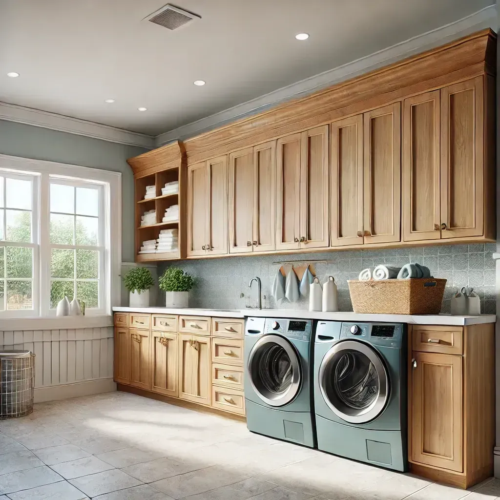 A laundry room with a washer and dryer and wooden cabinets