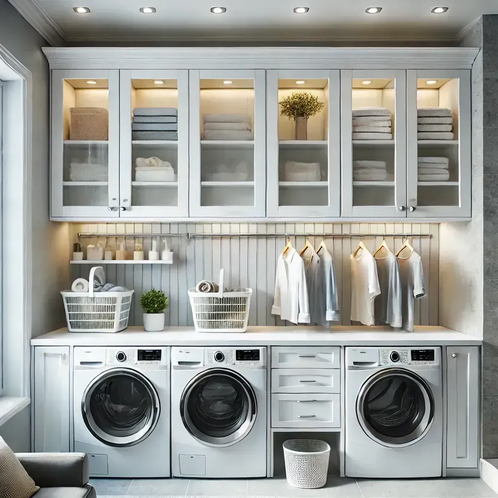 A laundry room with two washers and two dryers