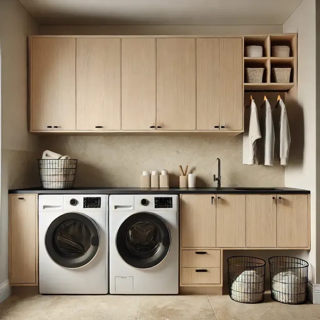 A laundry room with two washers and two dryers