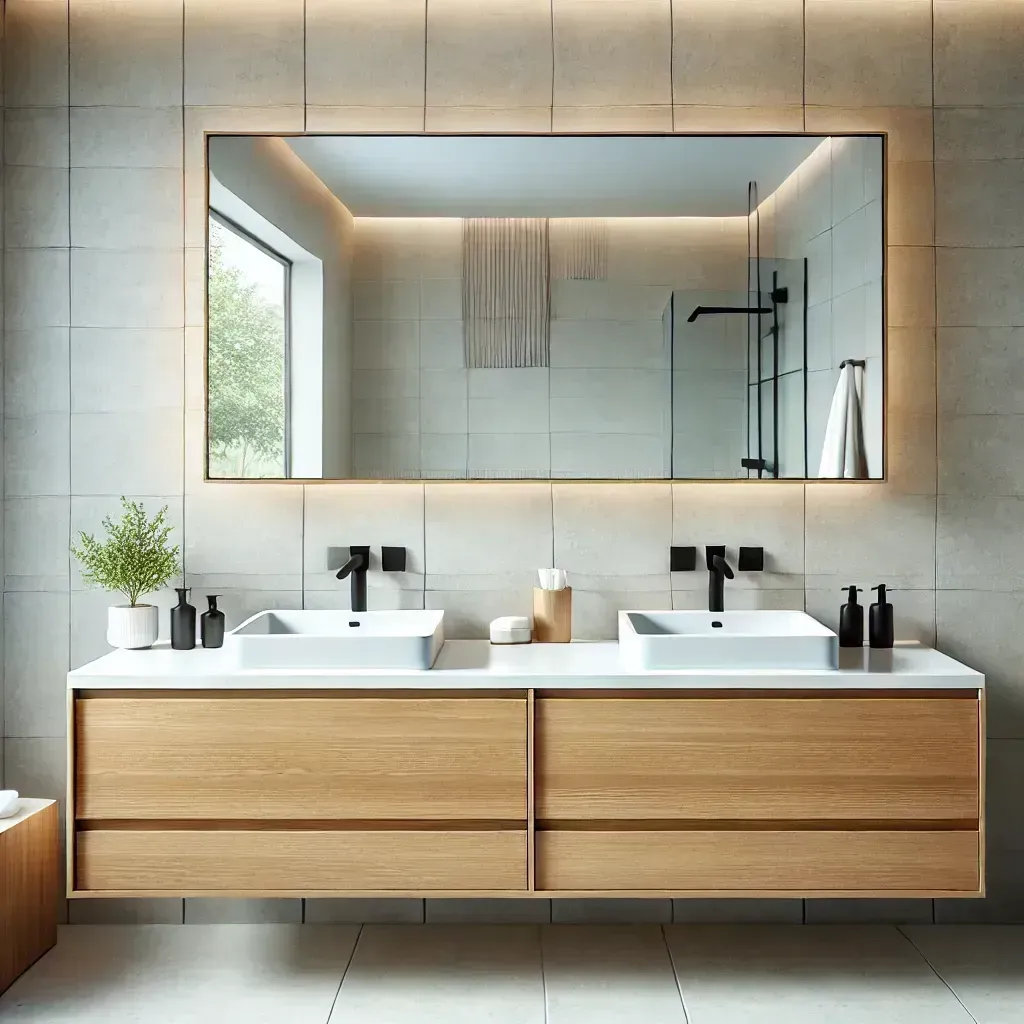 A bathroom with two sinks and a large mirror