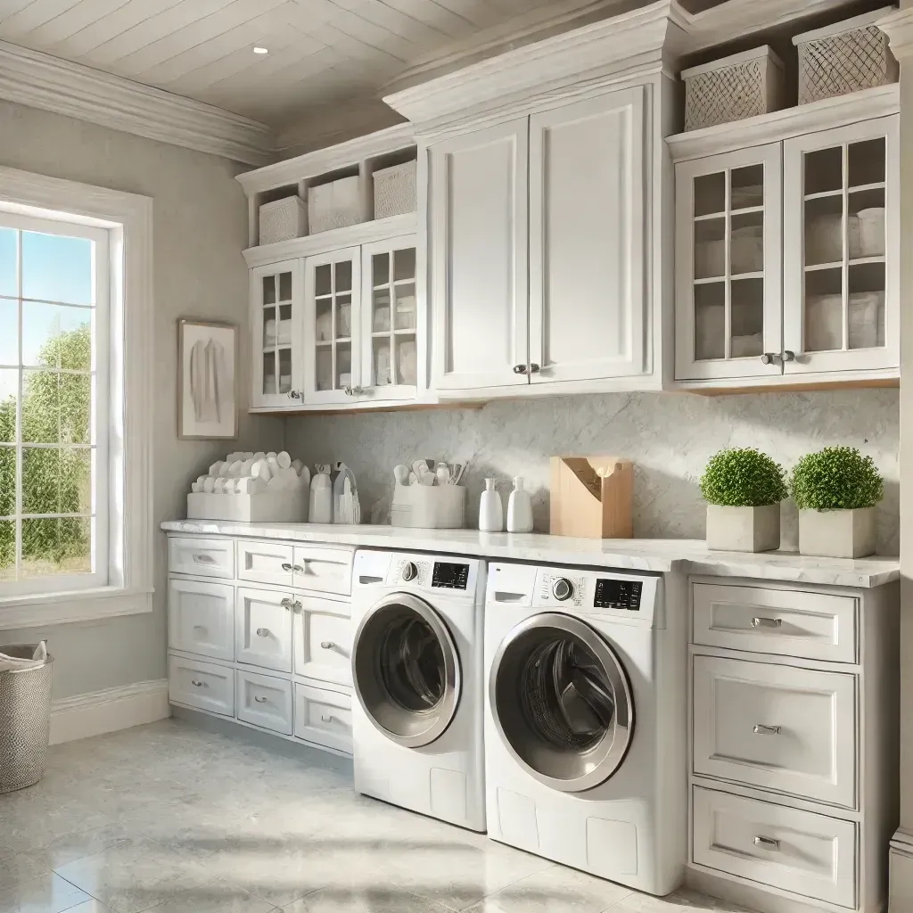 A laundry room with a washer and dryer and white cabinets.