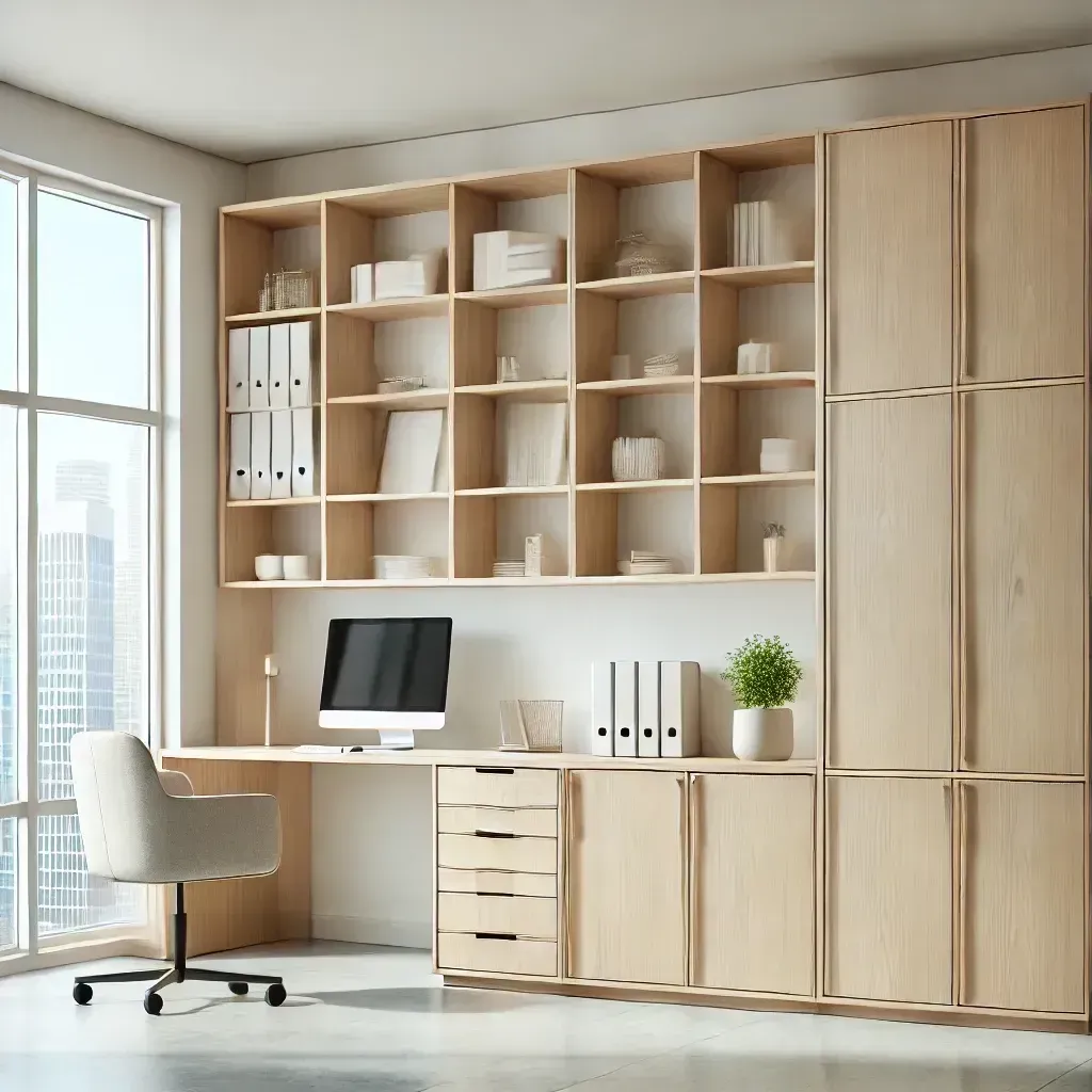 A home office with a desk , chair , computer and shelves.