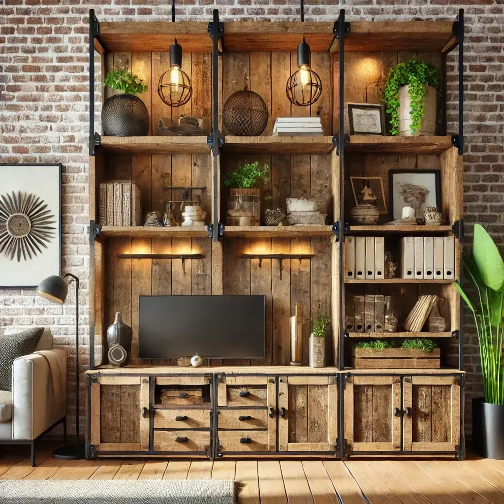 A living room with a brick wall , wooden shelves , a couch , and a television.