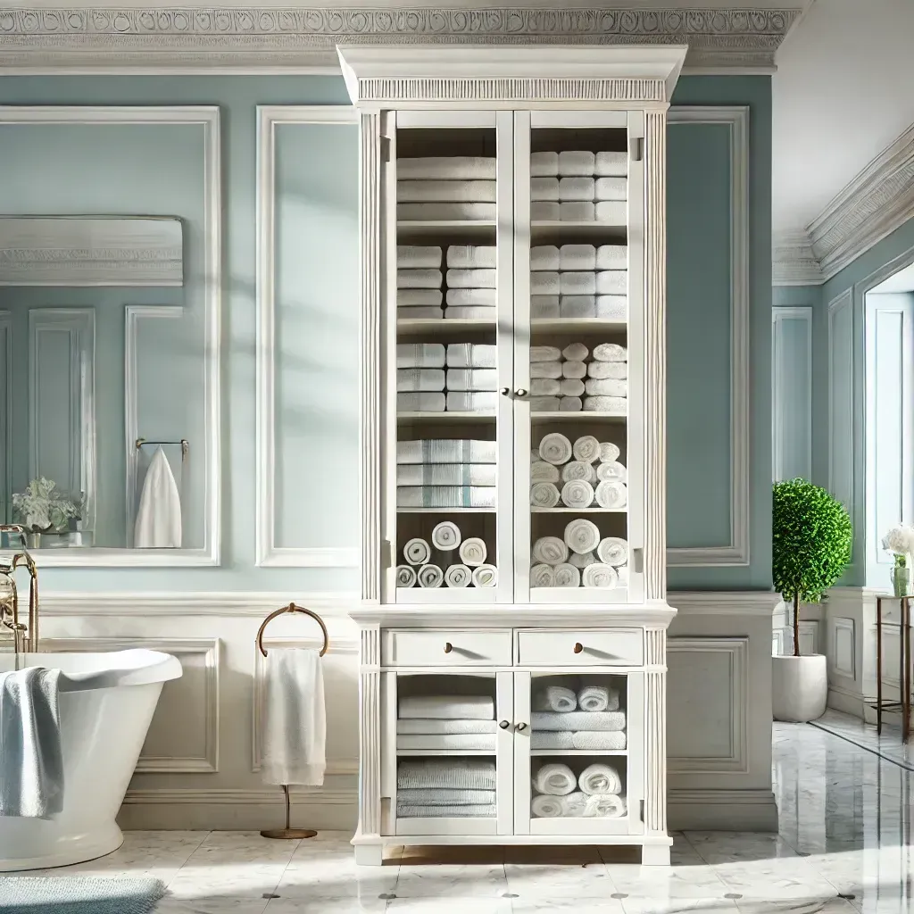 A bathroom with a large cabinet filled with towels