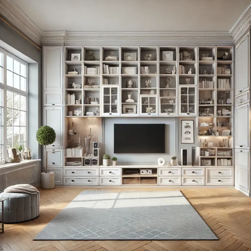 A living room with lots of shelves and a flat screen tv