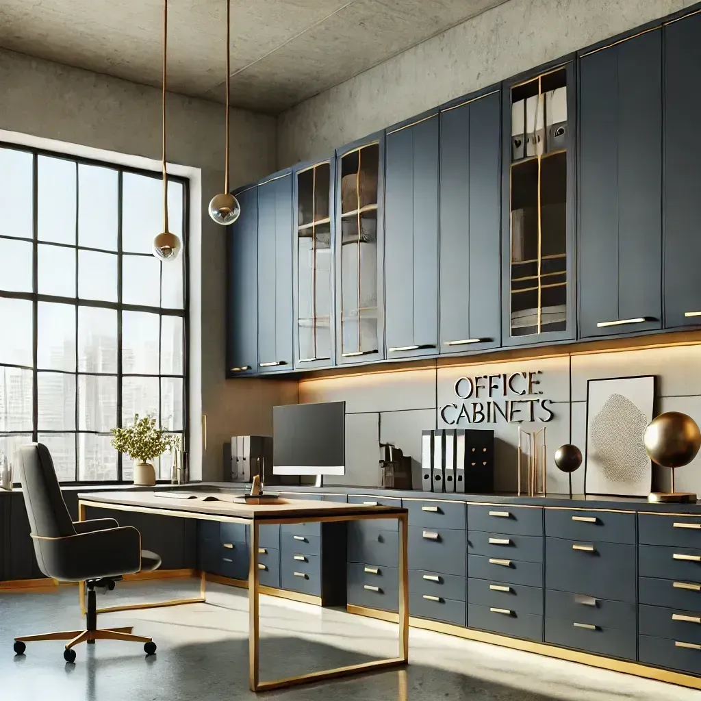 A modern office with blue cabinets and a sign that says office cabinets