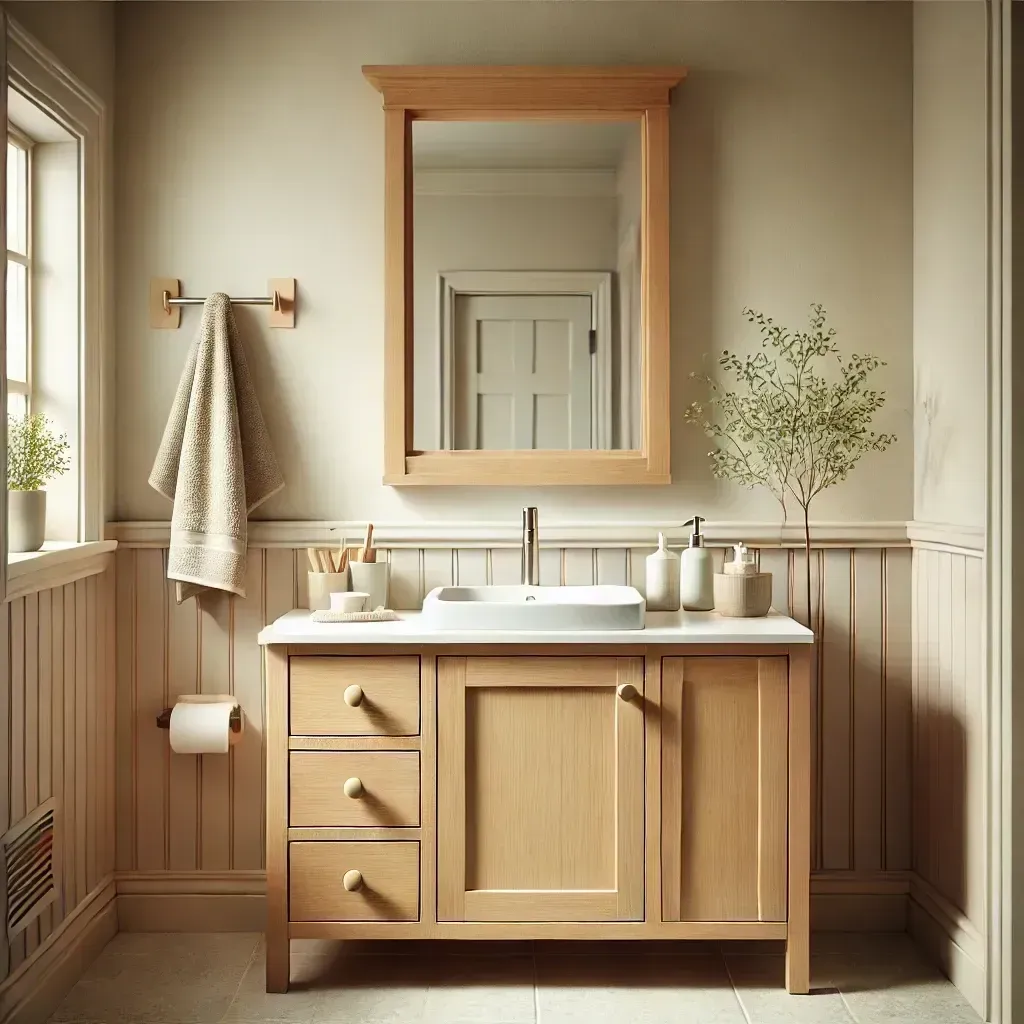 A bathroom with a sink , mirror and cabinets