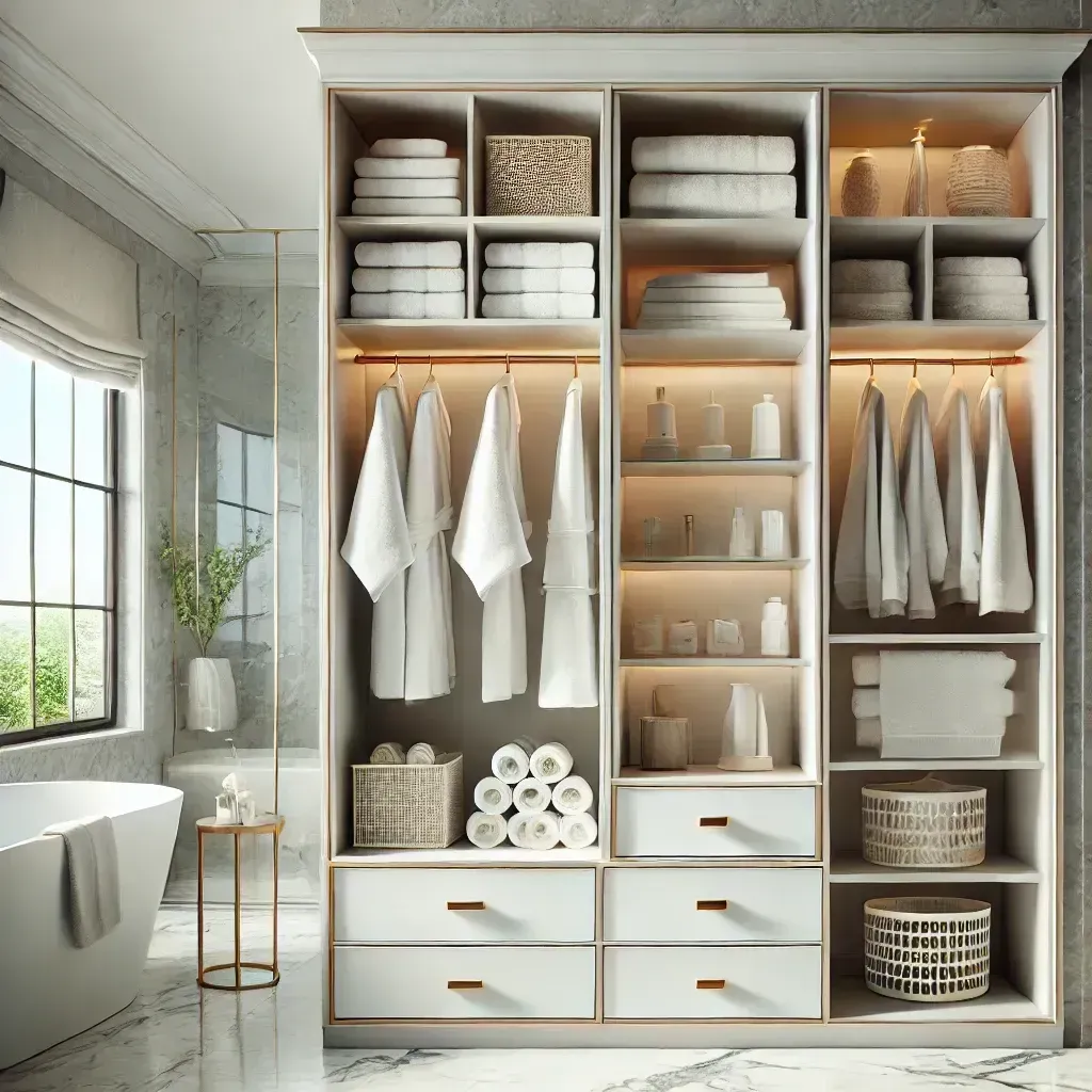 A bathroom with a large wardrobe filled with clothes and towels