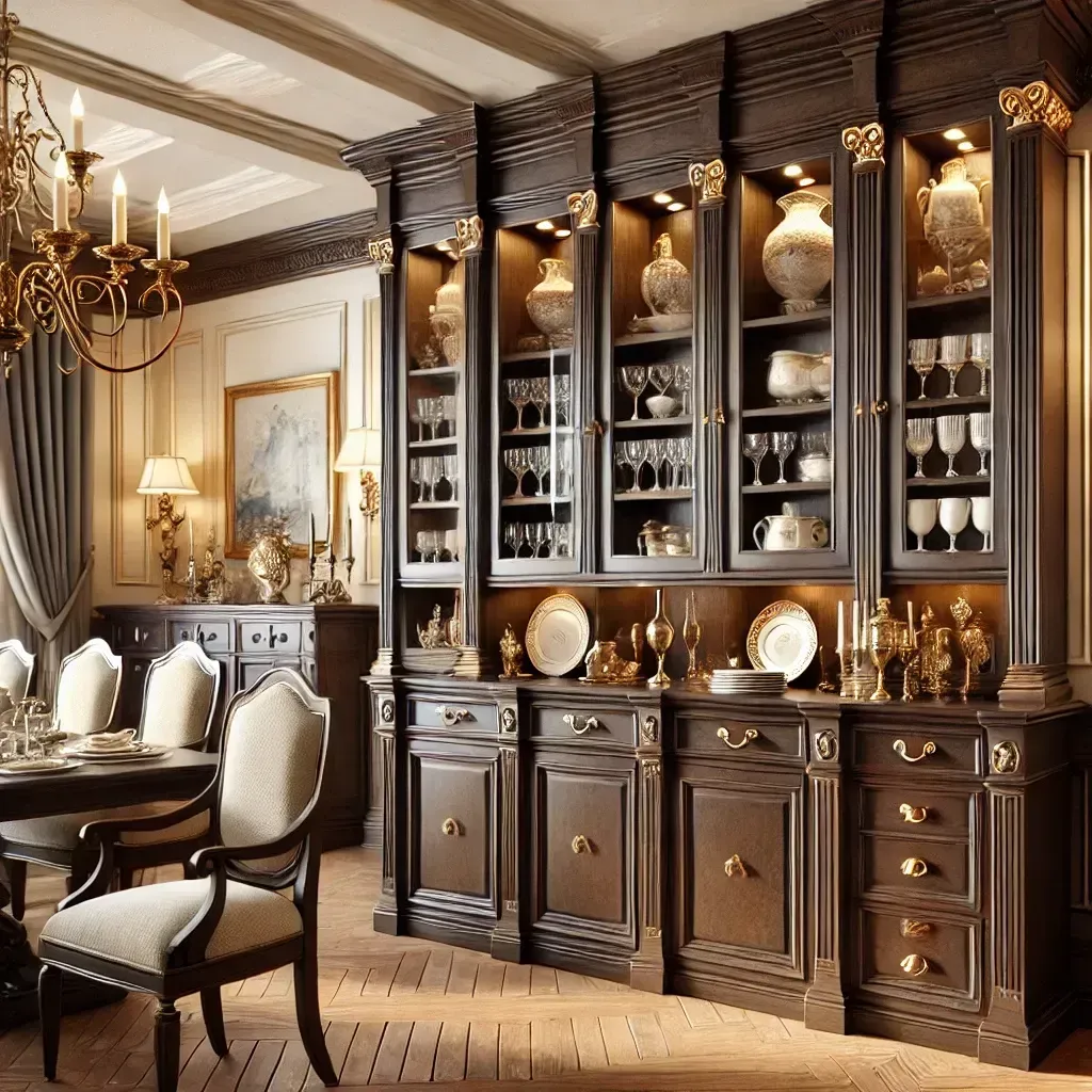A dining room with a table and chairs and lots of cabinets