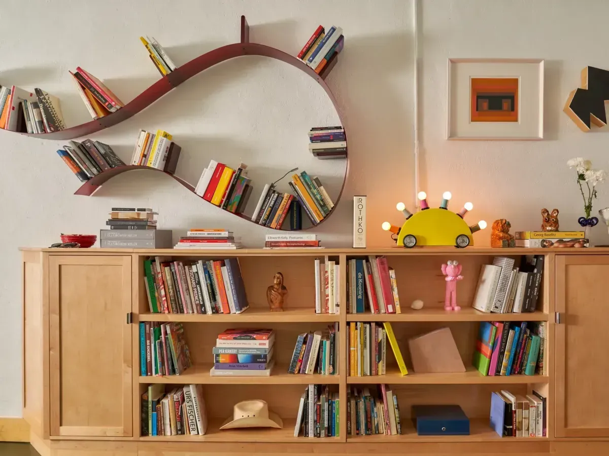 A bookshelf in the shape of a fish is filled with books